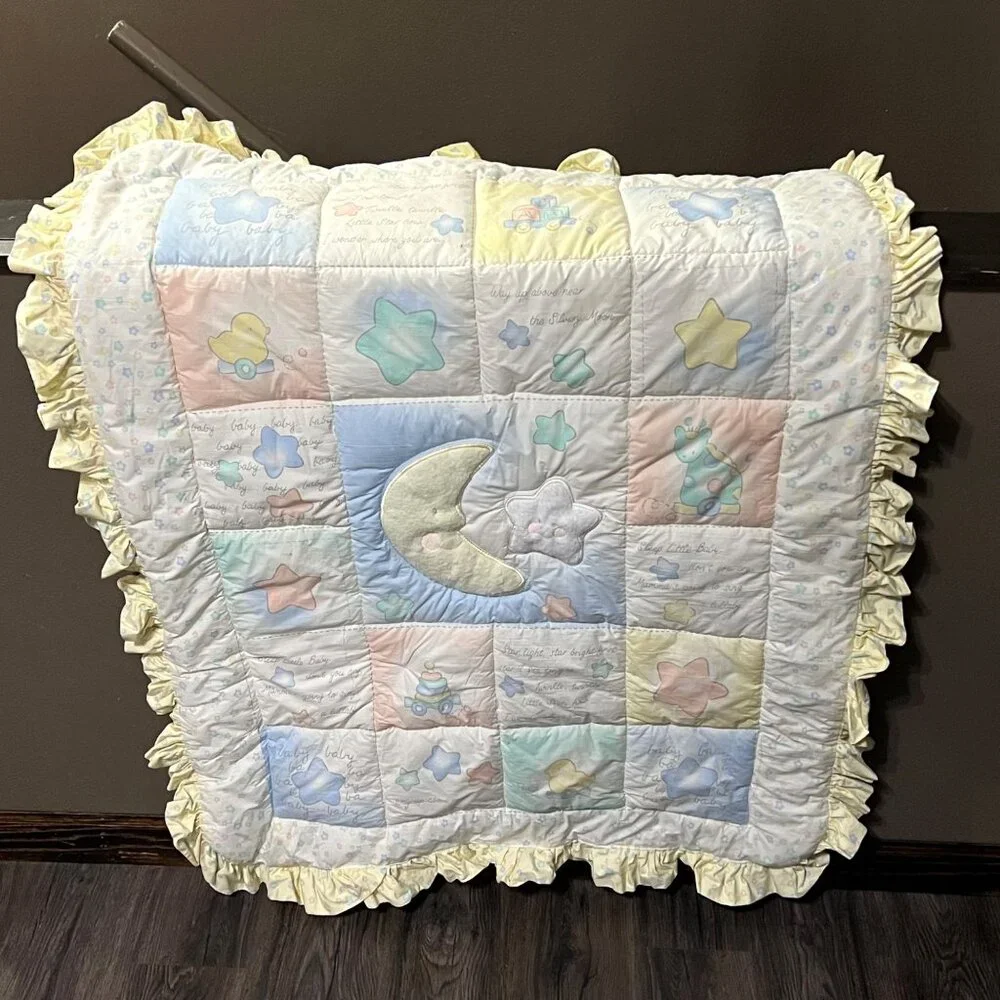 Vintage Geoffrey Toys R Us Baby Quilt Crib Comforter Moon Stars Yellow Blue 1995
